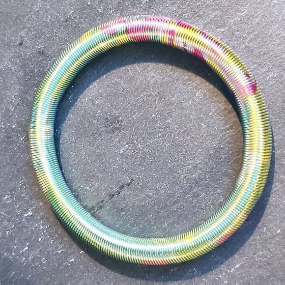 Printed Design Stretch Stainless Steel Coil Green Multicolor Bangle Bracelet #6 - Picture 2 of 7